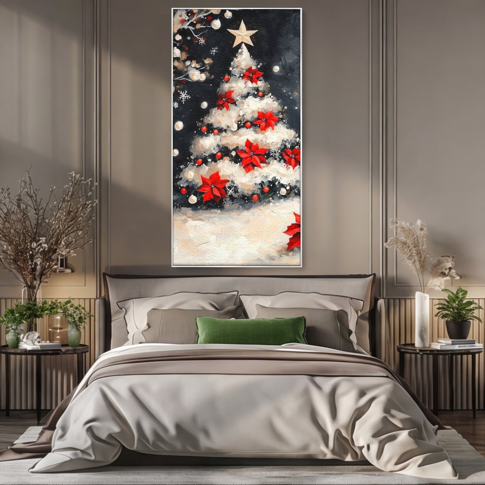Tablou canvas cu tablou canvas cu brad de craciun pictat, in rama de aluminiu argintiu, pe perete intr-un dormitor